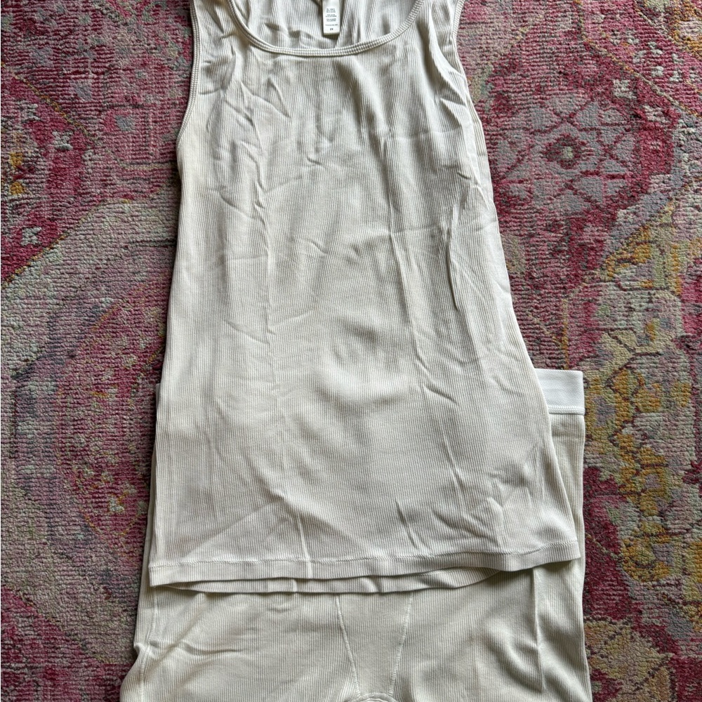 SKIMS Ribbed Cream Tank Top and Matching Shorts
